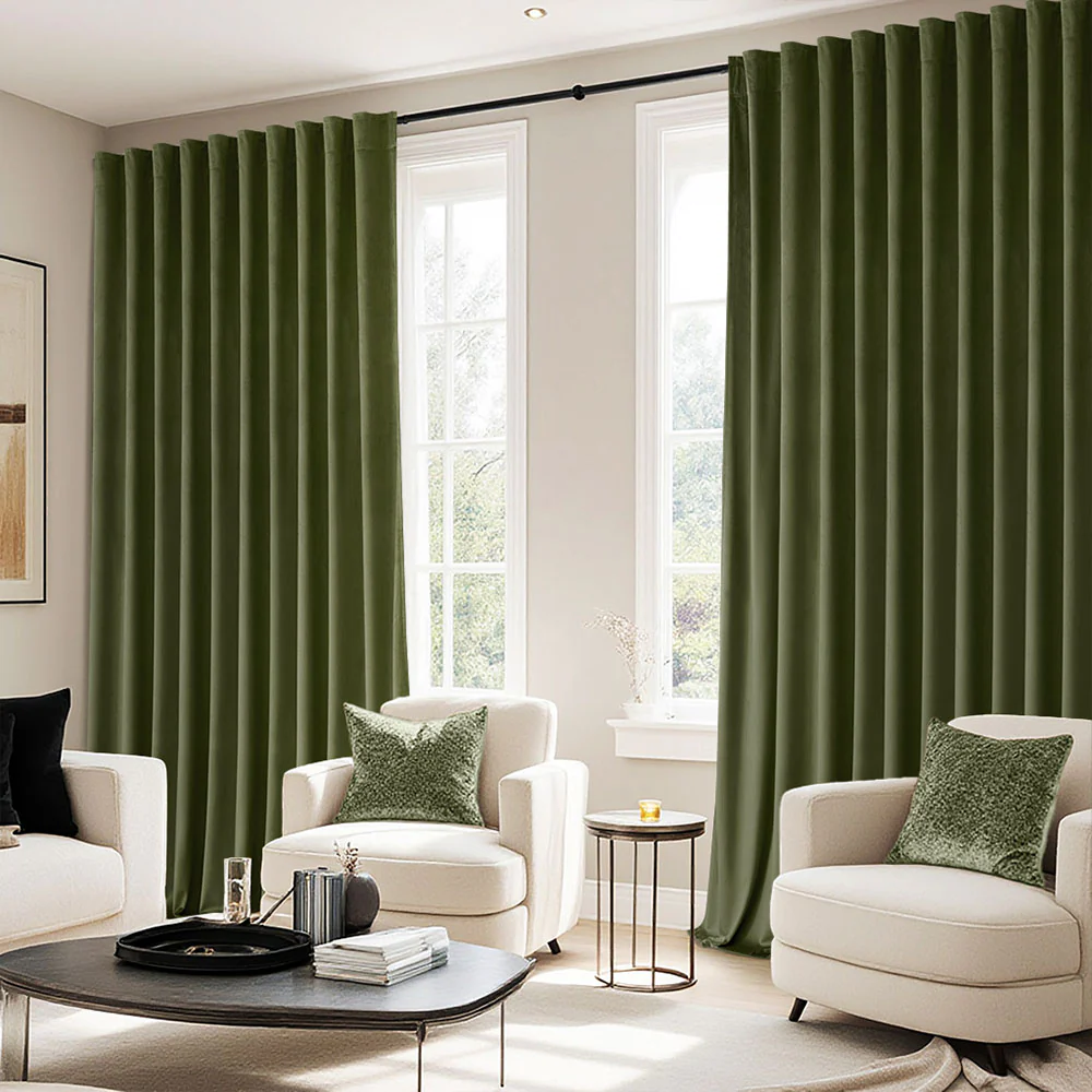 Custom Velvet Curtains Luxury Blackout Curtains  (2 Panels) - Olive Green