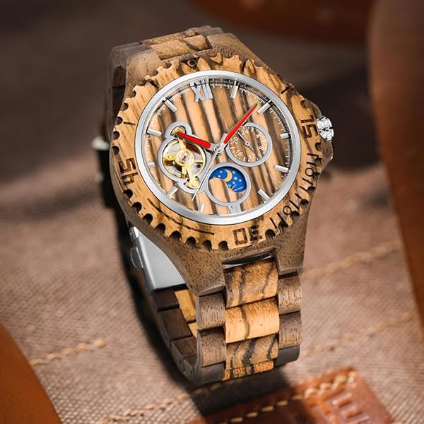 Men's Wooden Watch Triangle Skeleton Automatic Watch Mechanical Wood Watches for Men Brown3