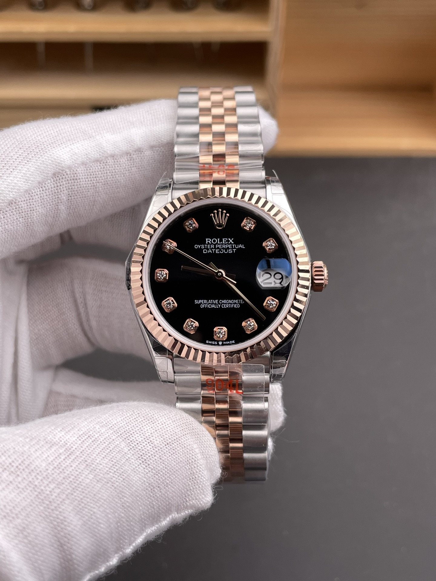Two-Tone Rose Gold Black Dial Diamond Hour Markers Datejust Ladies
