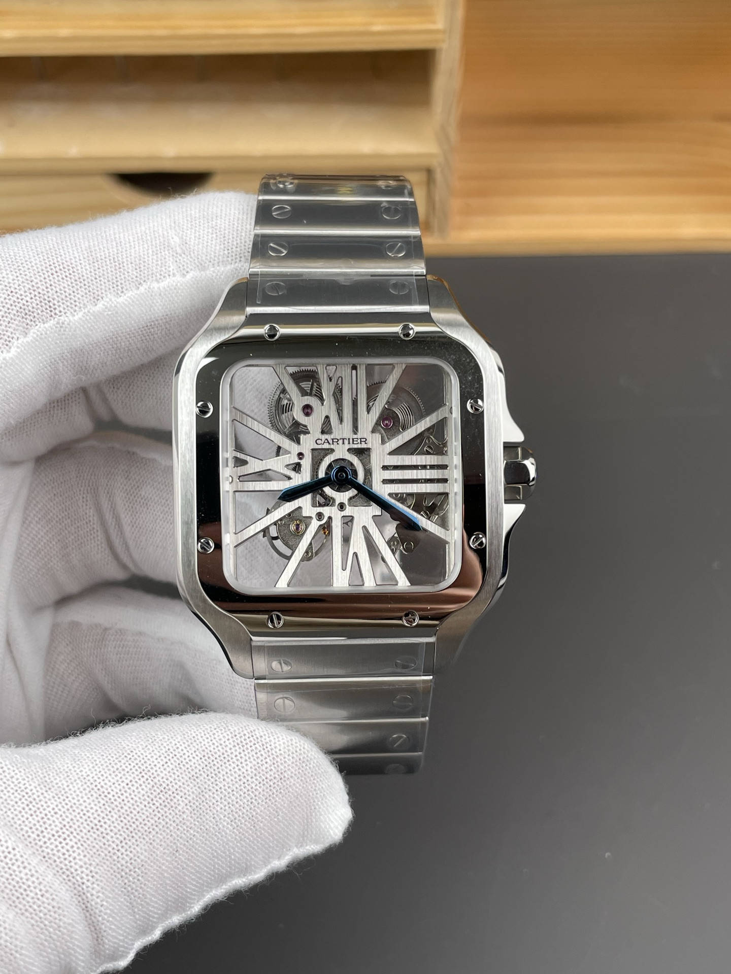 Santos Skeleton Series Steel Watch with Blue Hands V2 Version