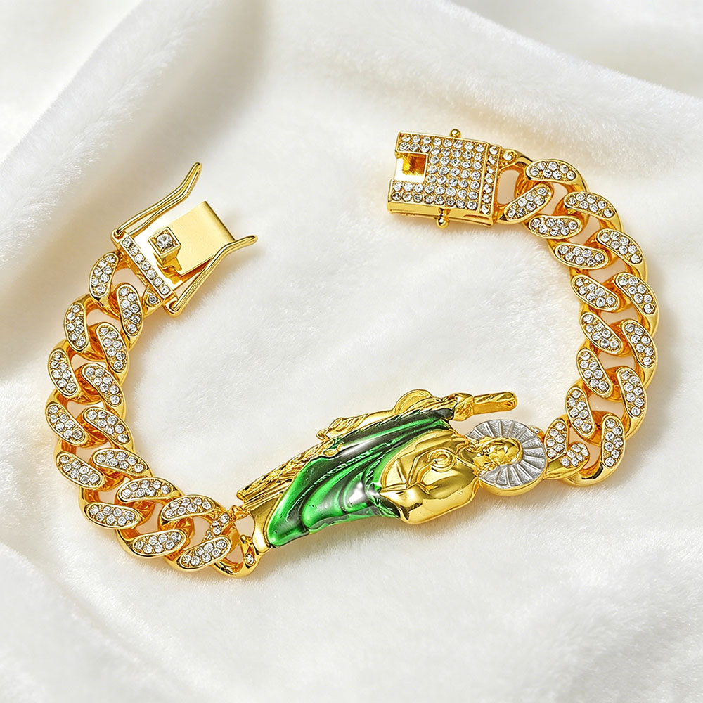 Divine Protection Cuban Link Bracelet - Green Enamel Saint Energy Amulet