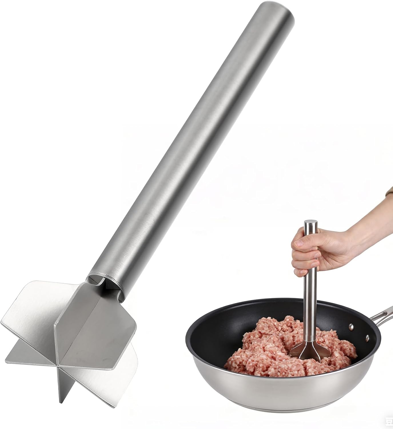 Stainless Steel Meat Chopper & Masher, Heavy Duty Food Grade 6-Blade Ground Beef Smasher, Hamburger Chopper Tool for Vegetable Puree & Kitchen Cooking