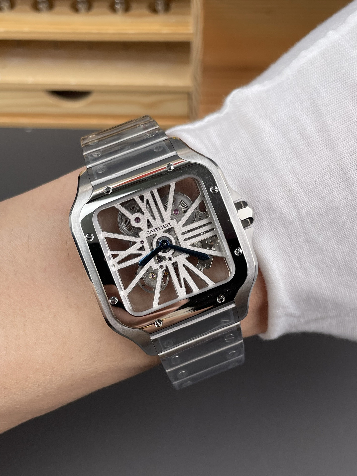 Santos Skeleton Series Steel Watch with Blue Hands V2 Version