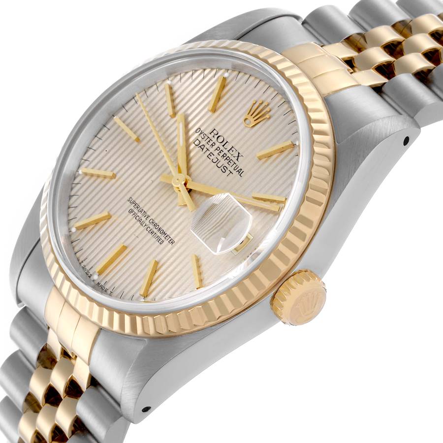 Rolex Datejust 36 Steel Yellow Gold Silver Tapestry Dial Mens Watch 16233