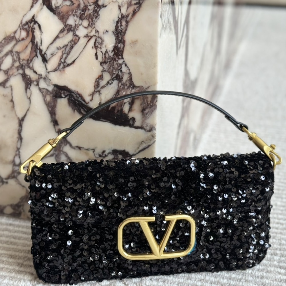 Valentino Loco Medium Vlogo Sequins Shoulder Bag Black 26Cm