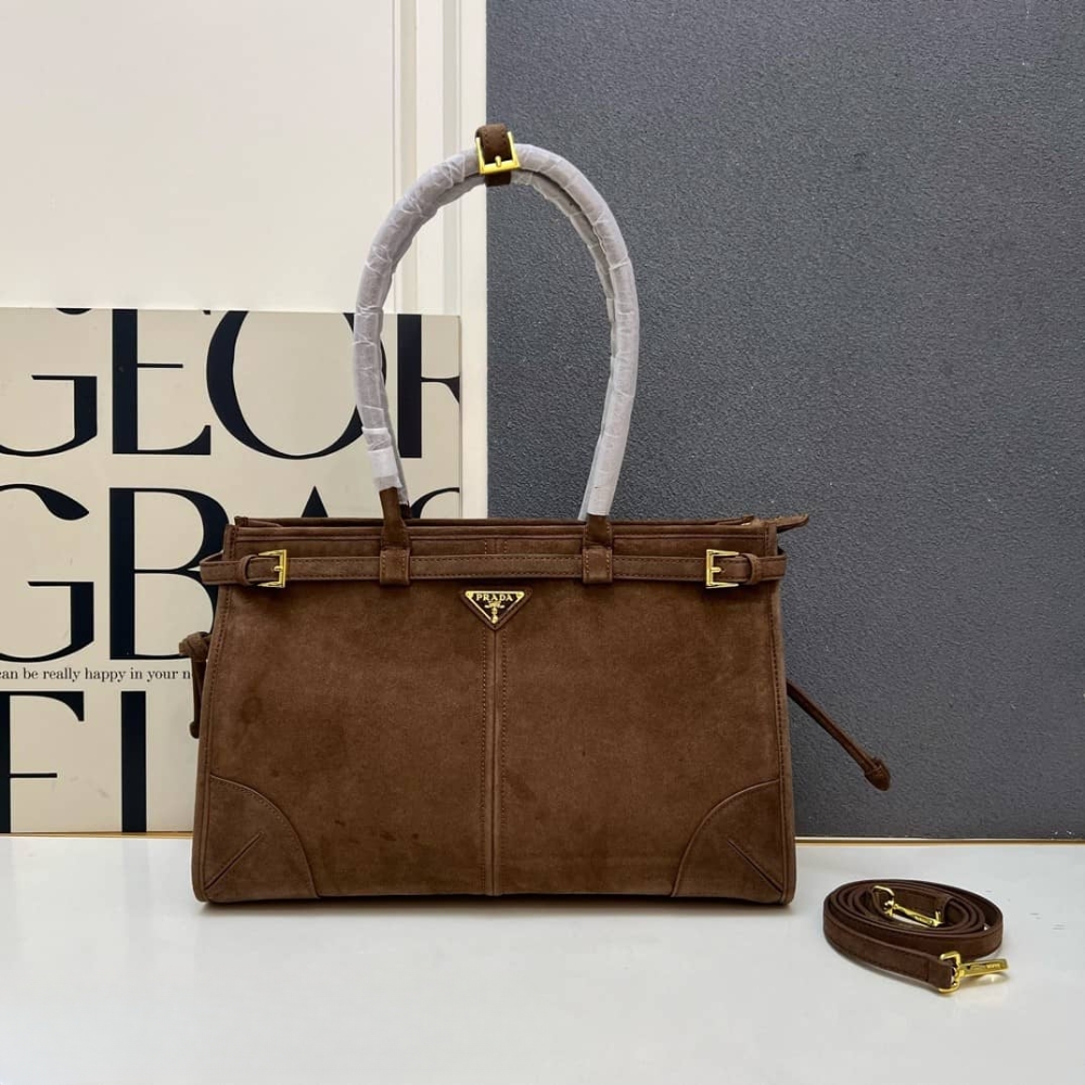 Prada Bonnie Large Suede Handbag Cacao Brown 38Cm 1Ba433 2C4S F0324 V Moo