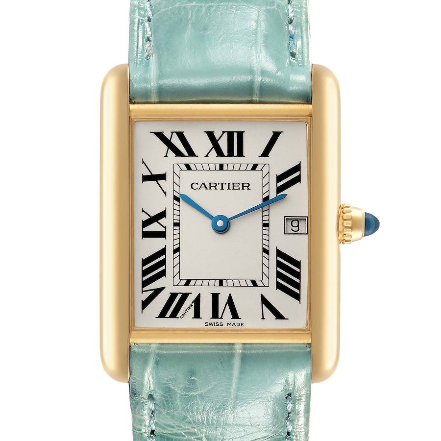 Cartier Tank Louis Yellow Gold Teal Leather Strap Mens Watch W1529756