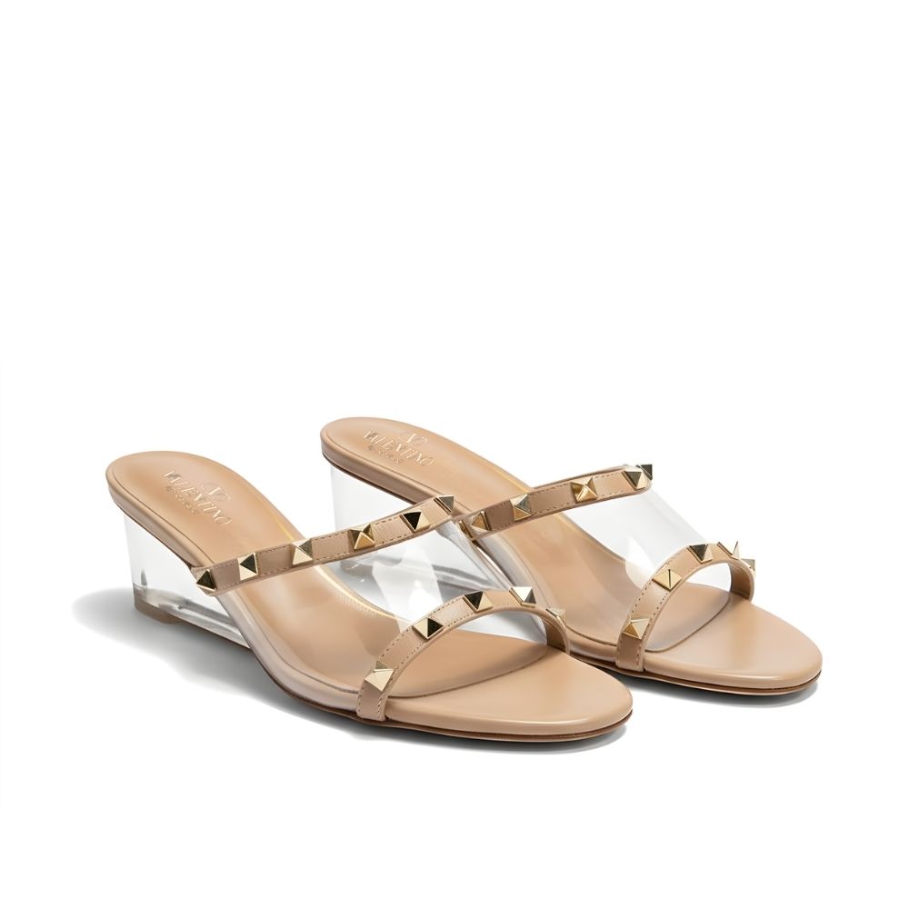Valentino Garavani Rockstud Skin Heeled Sandals Beige