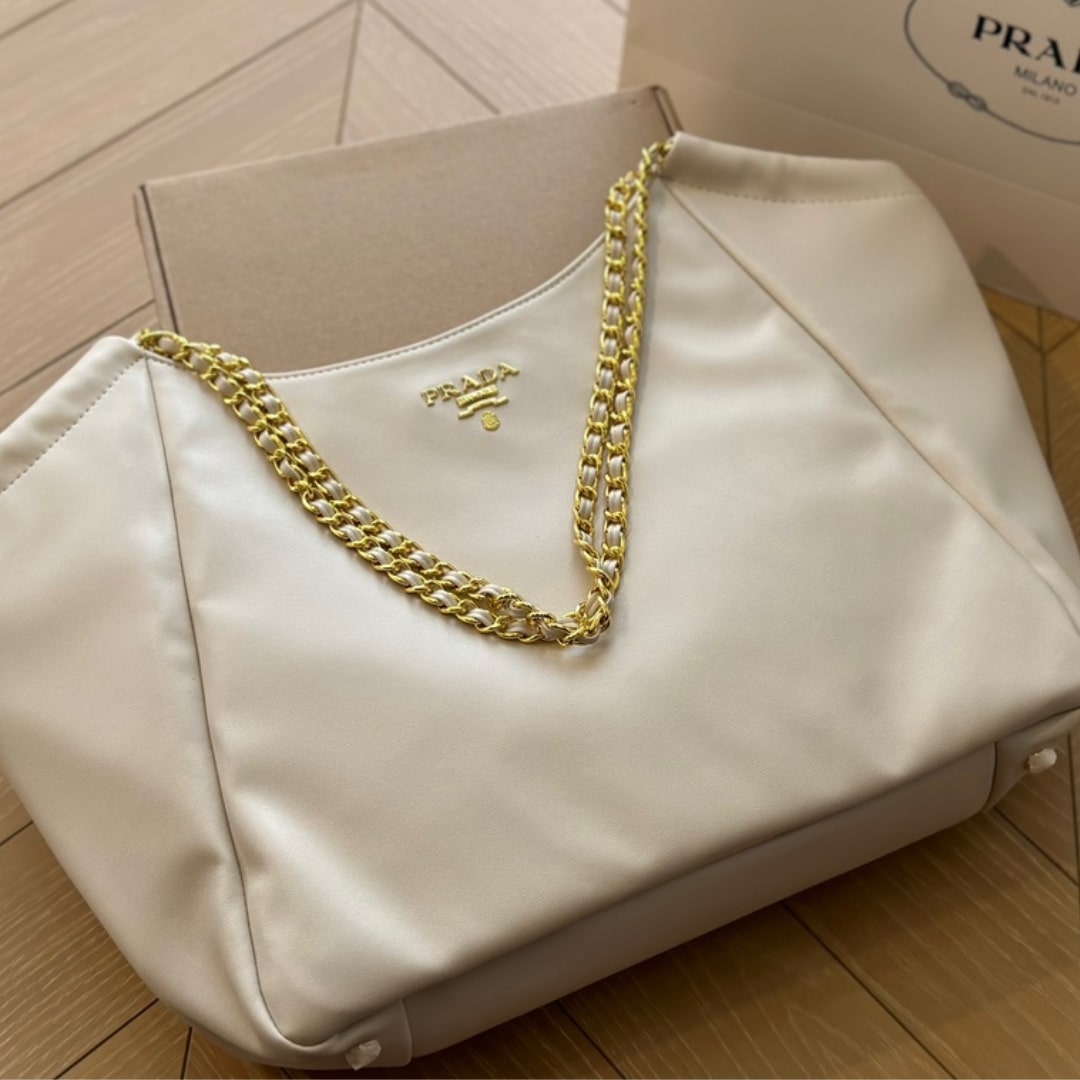 Prada Pomice Soft Leather Chain Tote Bag White 38Cm