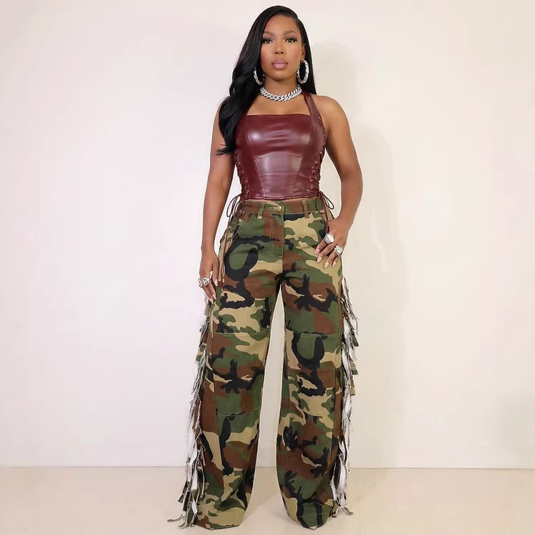 Women Camouflage Tassel Pocket Button Camouflage Pants