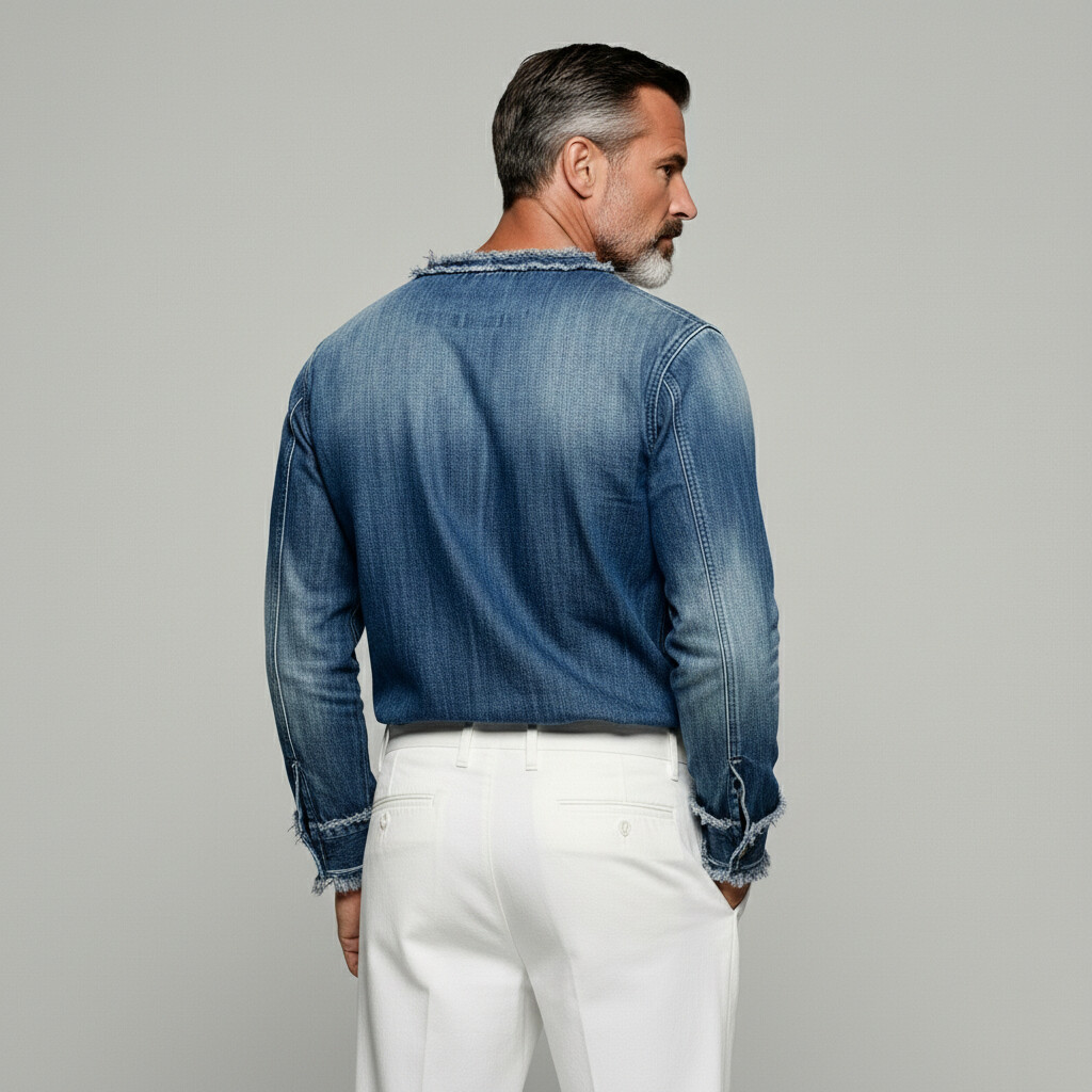 [Pre-Order] Men's Washed Denim Crew Neck Asymmetrical Single Breasted Raw Trim Long Sleeve Shirt