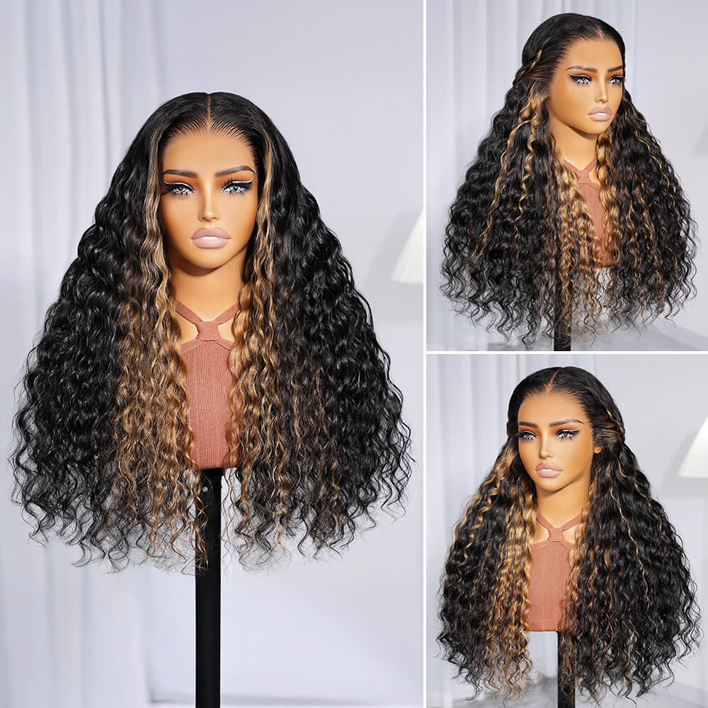 Megalook 13x6 Three-Go™ Honey Blonde Money Piece Glueless Wigs Bohemian Curl with Drawstring 100% Human Hair Wig