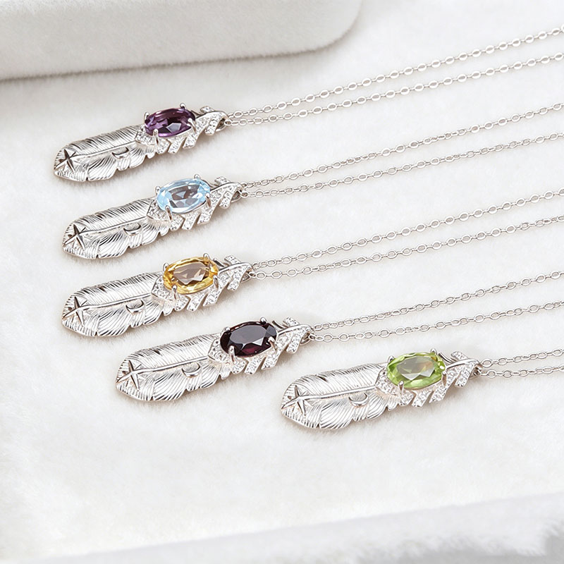 GemVibra Feather Pendant Necklace with Natural Multi-Gemstones (Amethyst, Citrine, Aquamarine, Peridot, Garnet)