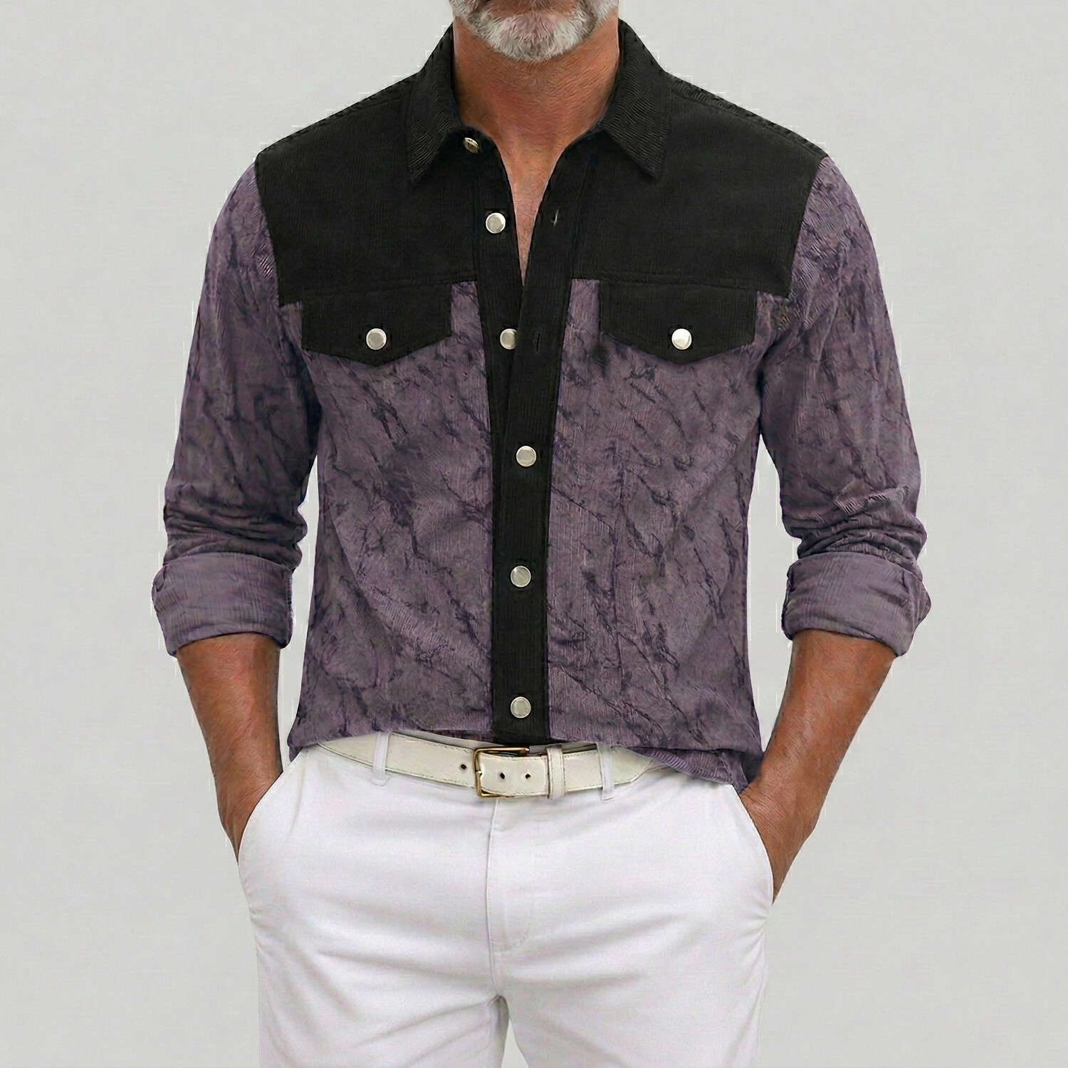 Men's Casual Contrast Corduroy Single Breasted Long Sleeve Shirt