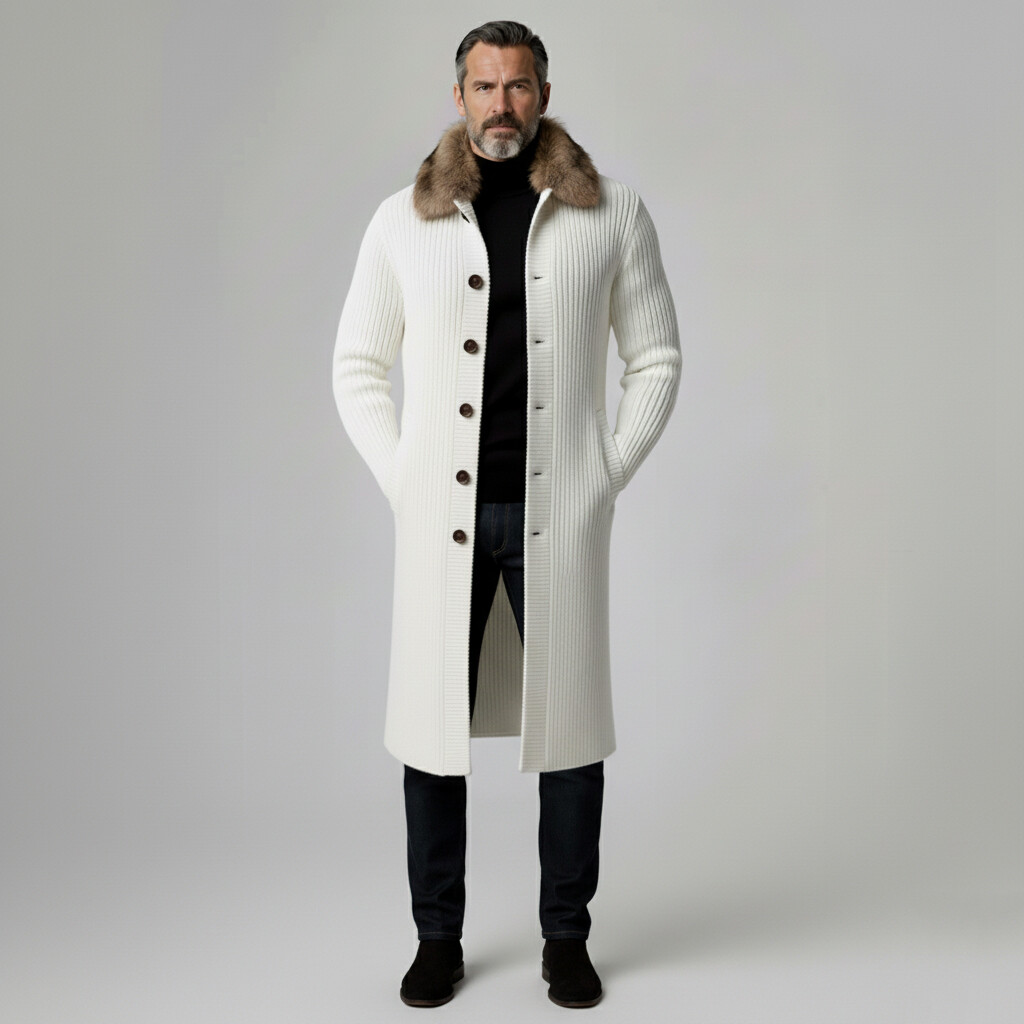 Men's White Fur Collar Single-Breasted Pocket Ribbed Knit Long Cardigans