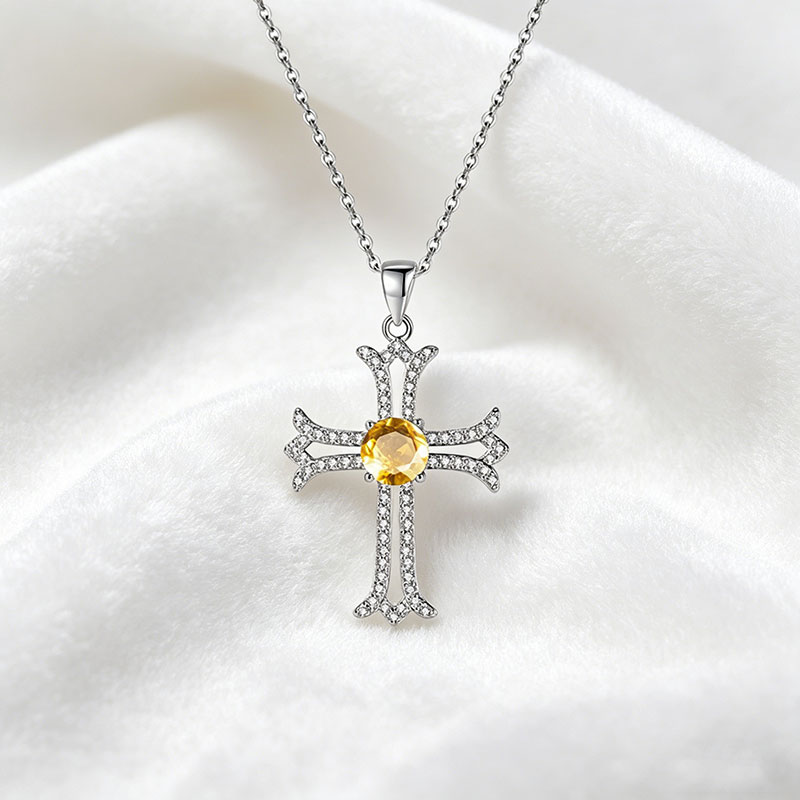 GemVibra Cross Pendant Necklace in 925 Silver with Gemstone Center