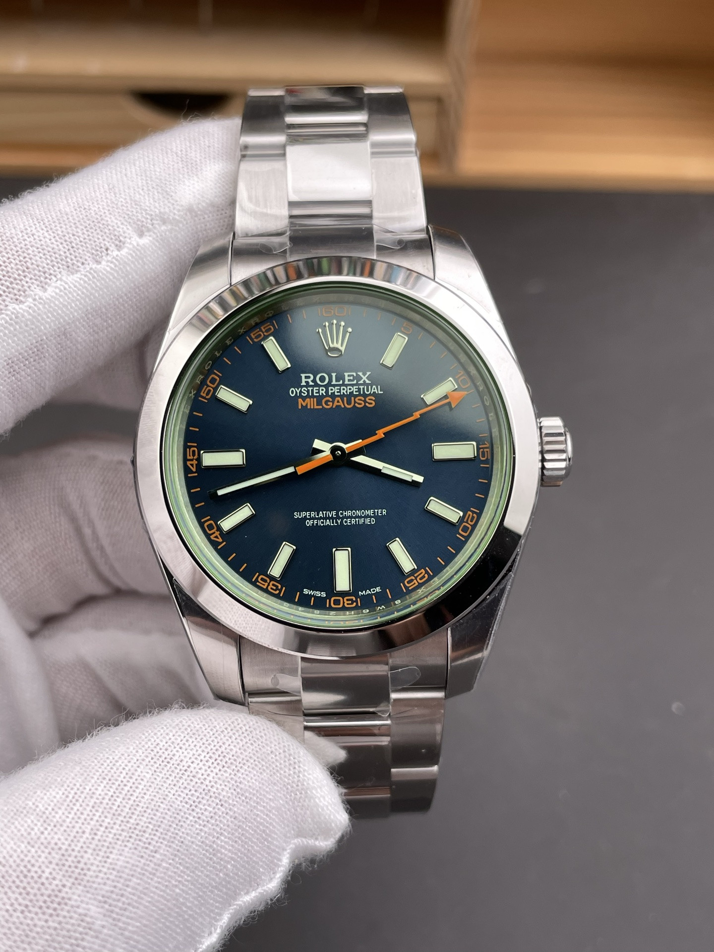Green Glass Milgauss Blue Dial