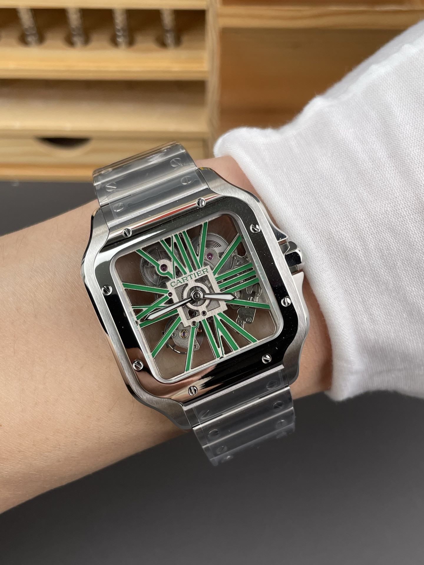 Santos Skeleton Series Steel Watch with Green Hands V2 Version