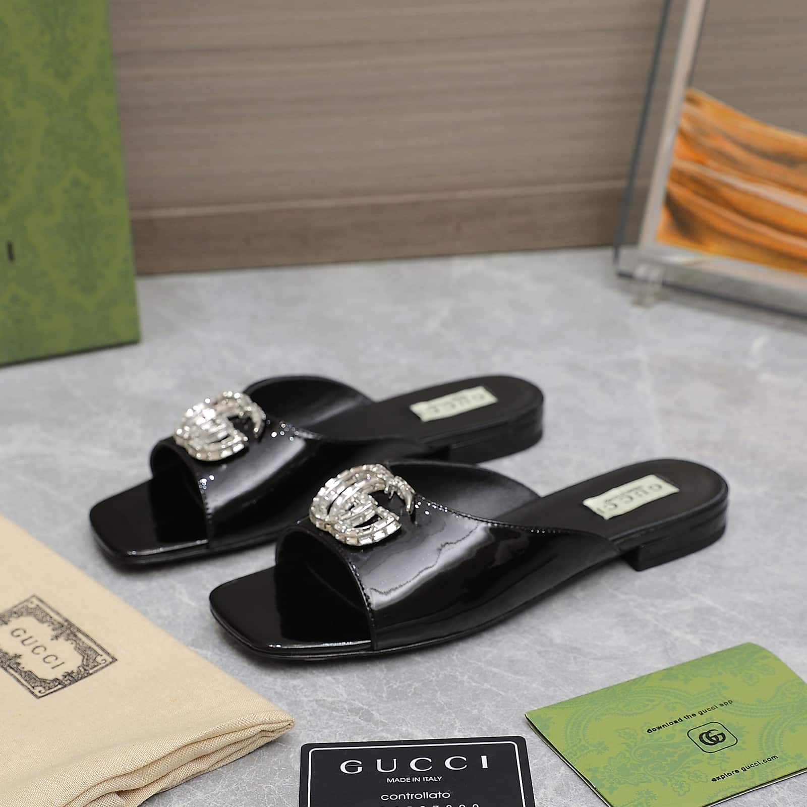 Gucci Gg Crystal Slippers Black