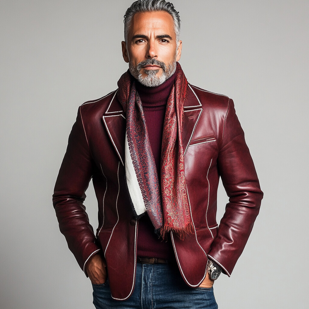 Men's PU Leather Lapel Single Breasted Contrast Binding Blazer