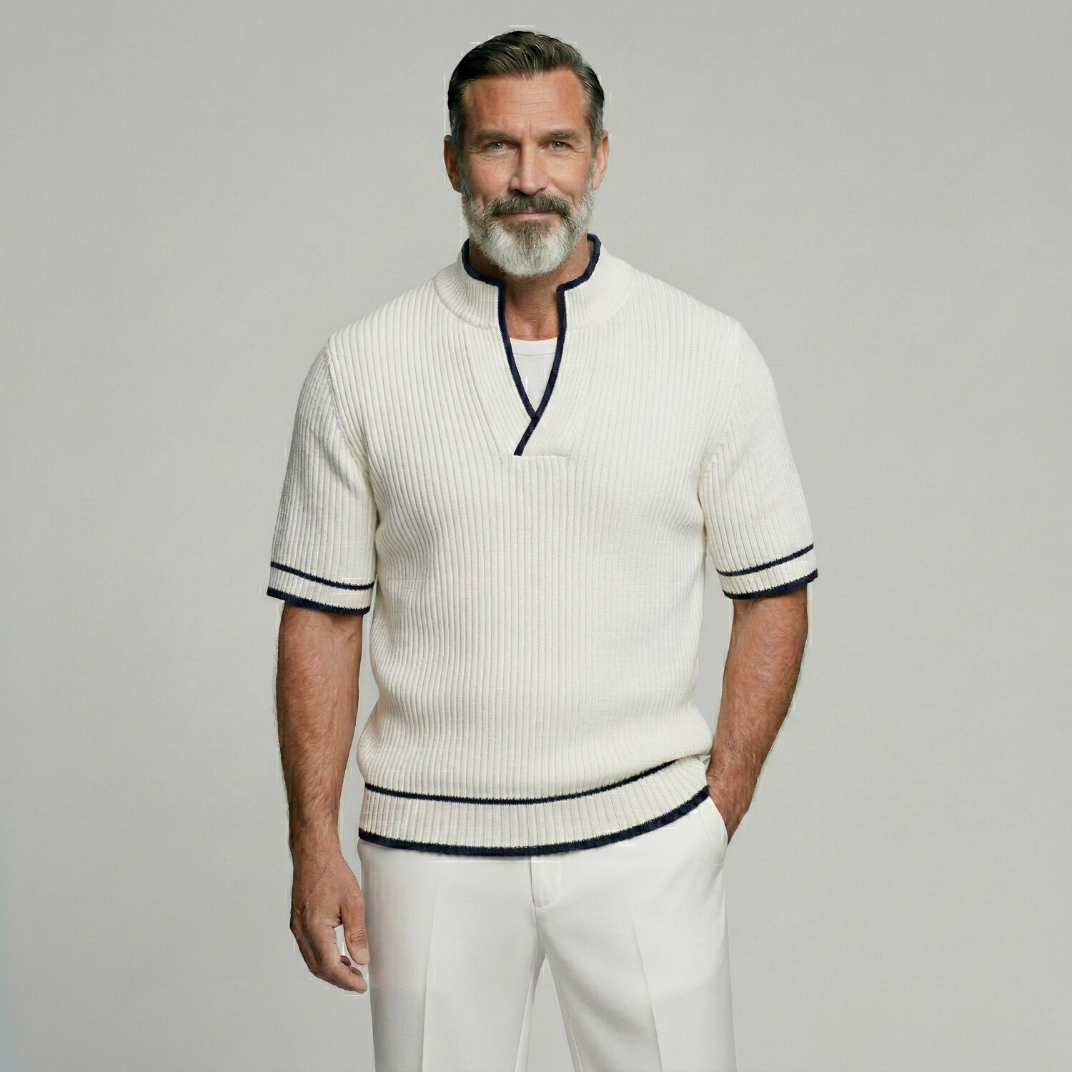 [Pre-Order] Men's Casual White Split Neck Contrast Trim Short Sleeve Rib Knit Sweater