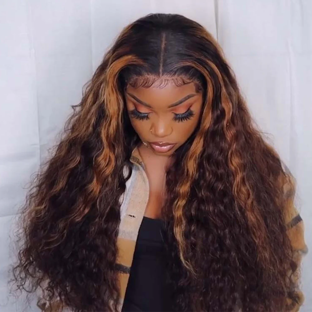 Megalook Bogo Free 13x4 Lace Frontal Auburn Highlight On Black Loose Curly Wigs Breathable Cap