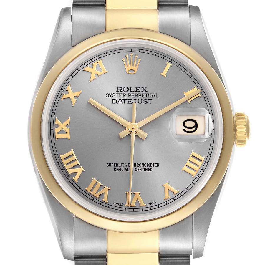 Rolex Datejust Steel Yellow Gold Slate Roman Dial Mens Watch 16203