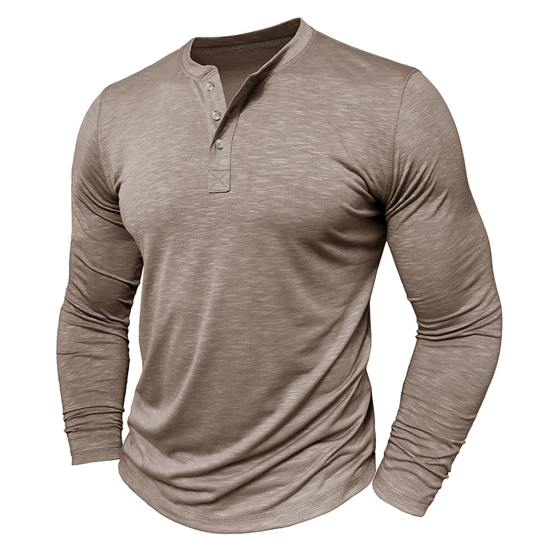 Men's long-sleeved Henley collar T-shirt