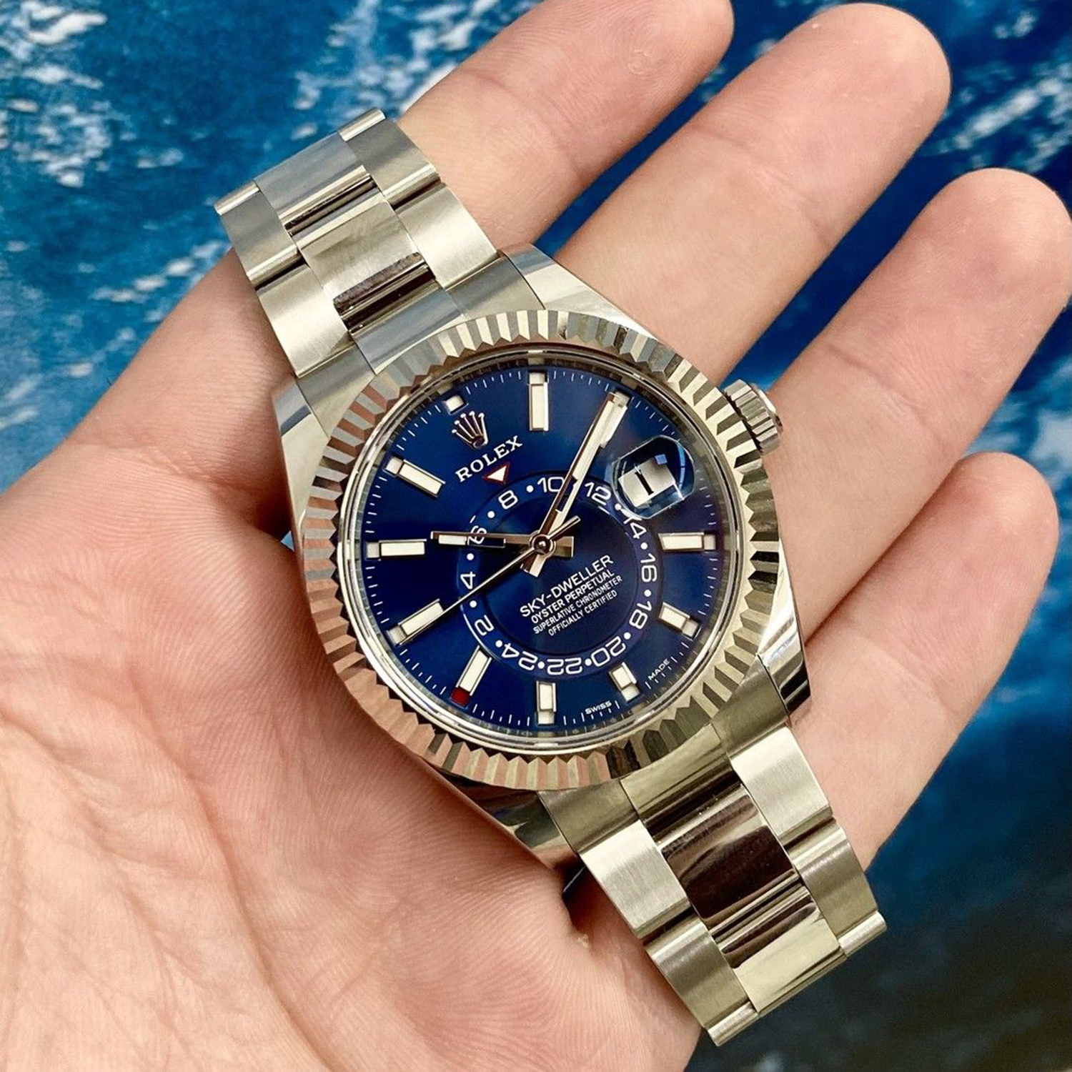 Rolex Sky-Dweller Blue Dial White Gold Bezel Steel Band Men's Watch M326934-0003 Unworn