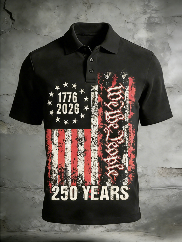 Moisture Wicking Gradient Colors Abstract American Flag 250th Anniversary Short Sleeve Golf Polo