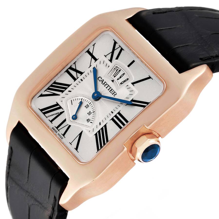 Cartier Santos Dumont Rose Gold Silver Dial Black Strap Mens Watch W2020067