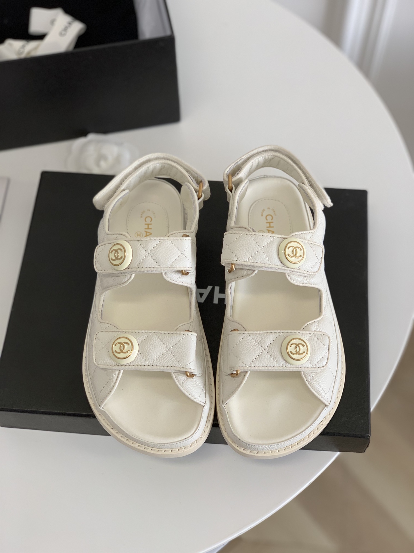 Chanel Cc Button Velcro White Sandals Grained Leather