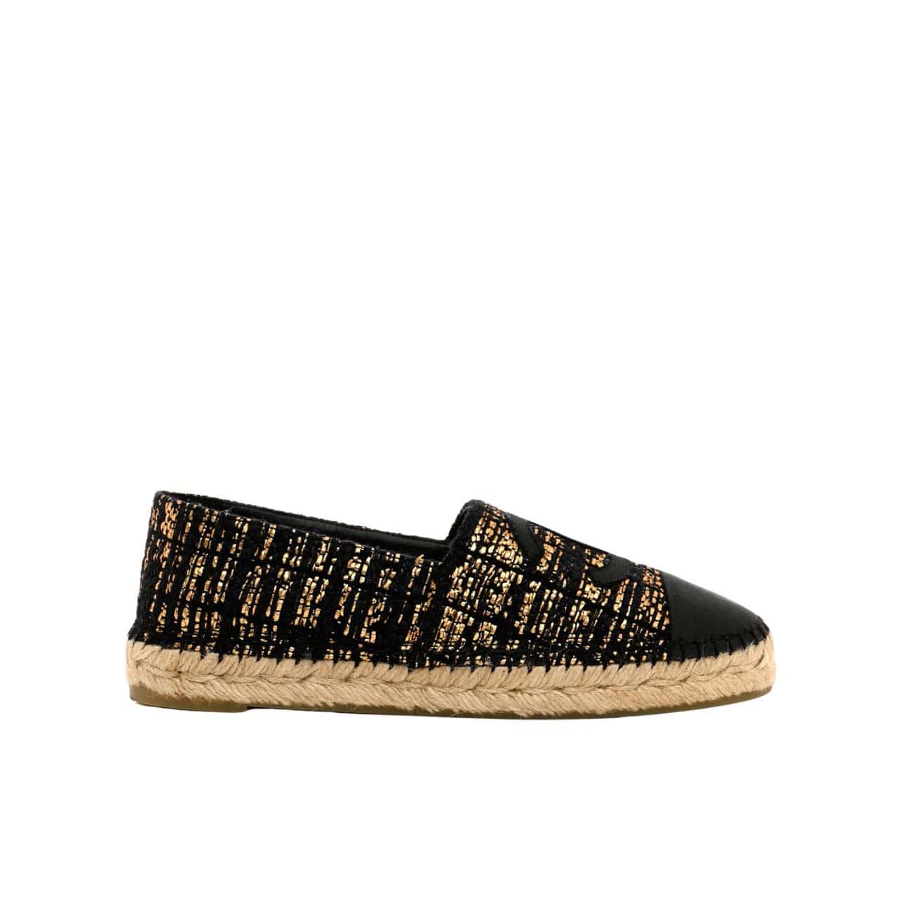 Chanel Metallic Tweed Grosgrain Cc Espadrilles Slip On Gold Black