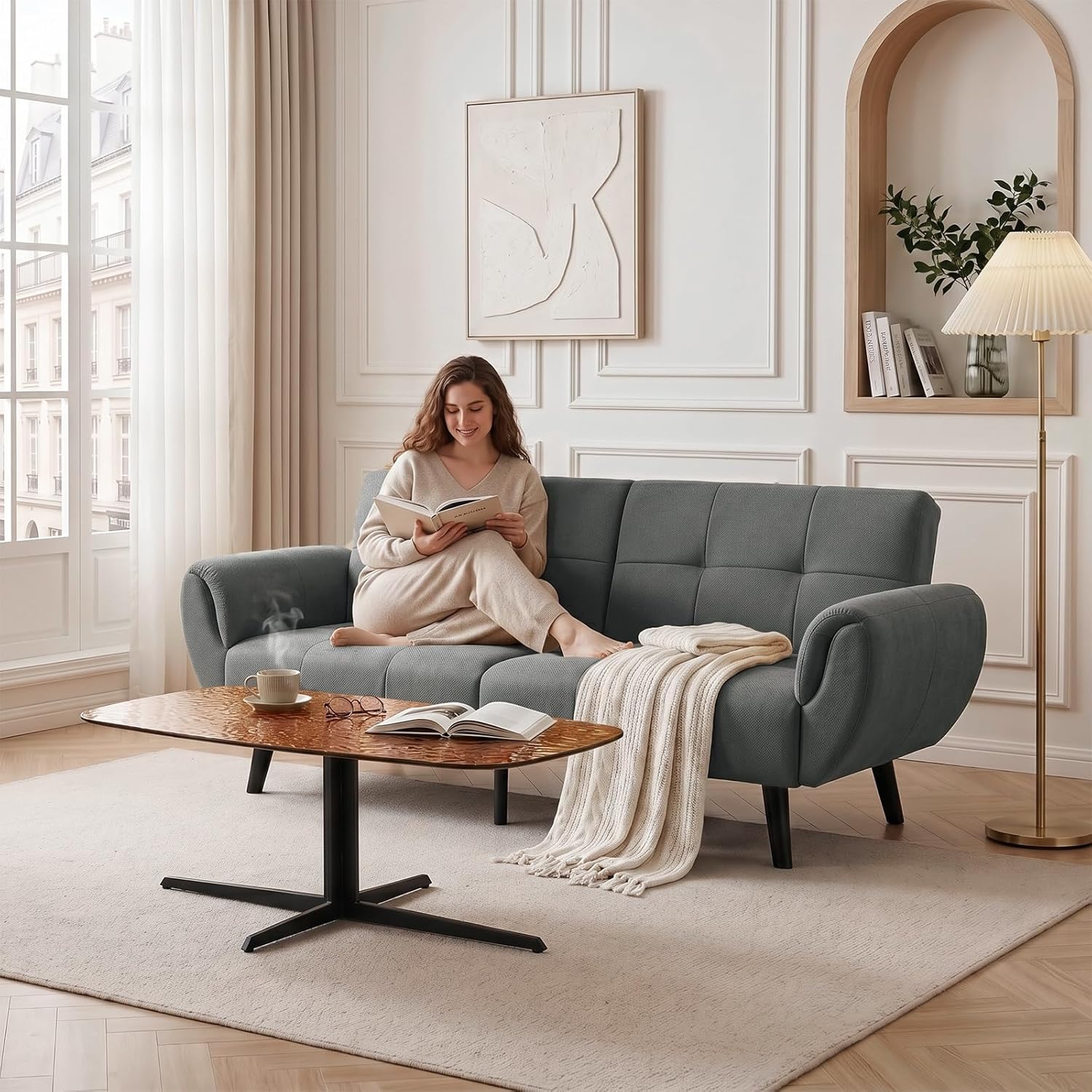 Modern Three Seater Sofa Bed with Tufted Fabric