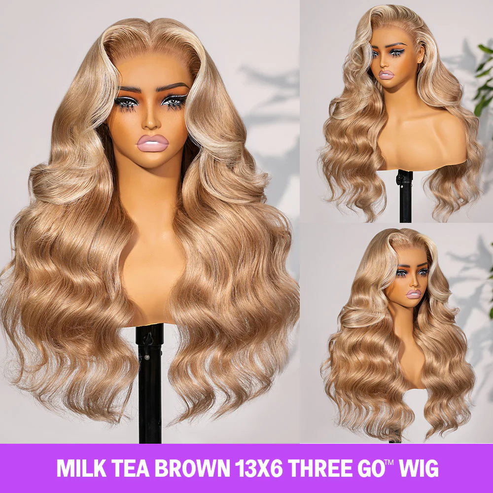 Megalook 13x6 Three-Go™ Milk Tea Brown With Highlight Glueless  Body Wave With Drawstring 100% Human Hair Wig
