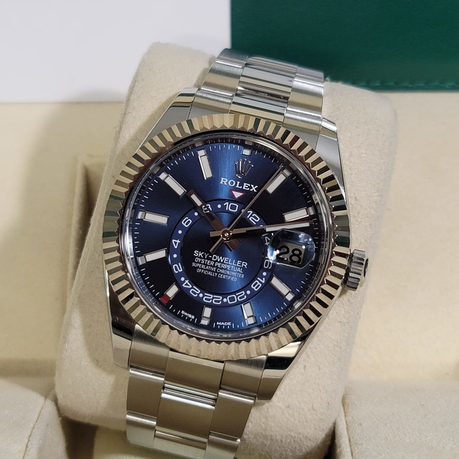 Rolex Sky-Dweller Blue Dial White Gold Bezel Steel Band Men's Watch M326934-0003 Unworn