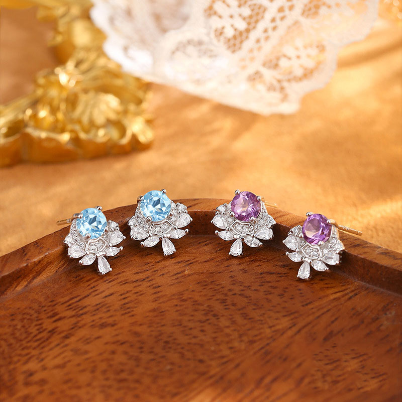 GemVibra 925 Silver Drop Earrings with Natural Gemstones & Rhinestones