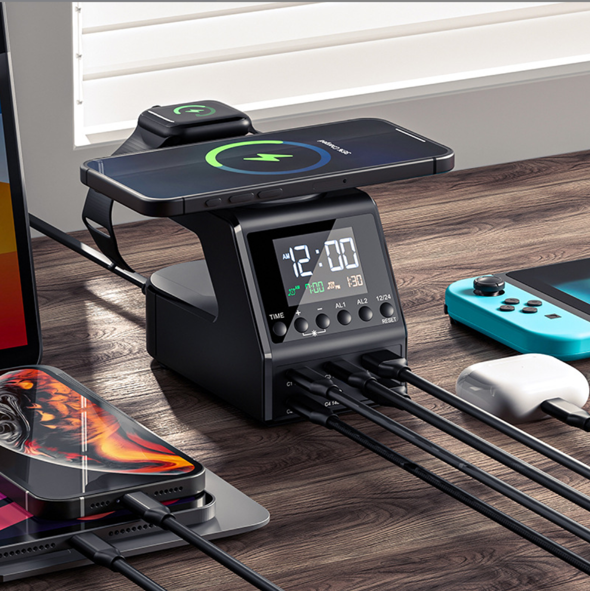 Wireless Charging Alarm Clock Multi-Port Desktop Charging Station