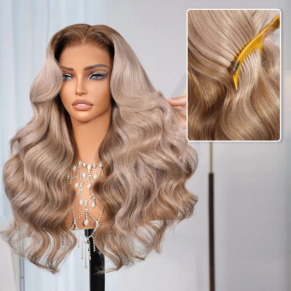 Megalook 13x6 Three-Go™ Glueless Wig Ash Blonde Highlights On Brown Hair Body Wave With Drawstring 100% Human Hair