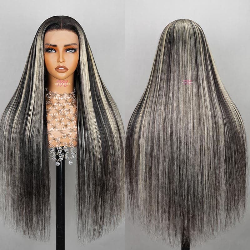 Megalook Blonde Highlights On Black 13x4 Lace Front Wigs Human Hair Body Wave/Straight Wig With Platinum Blonde Highlights