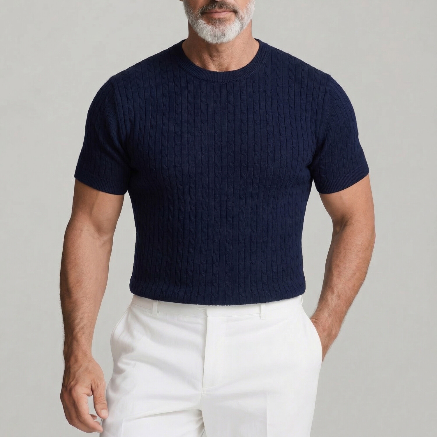 Men's Solid Color Tight Fit Twist Knit Texture Short Sleeve T-Shirt