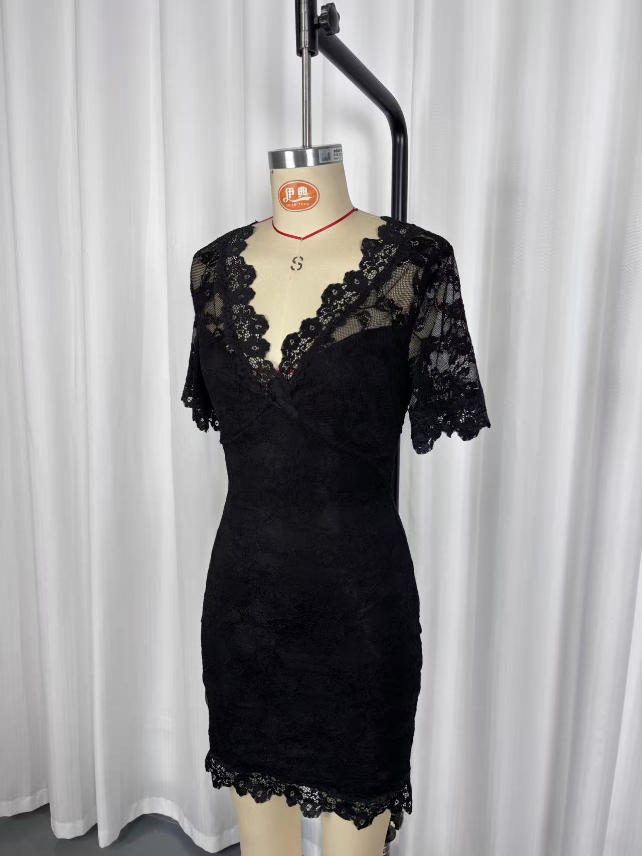 Women Sexy V-Neck Lace See-Through Bodycon Dress