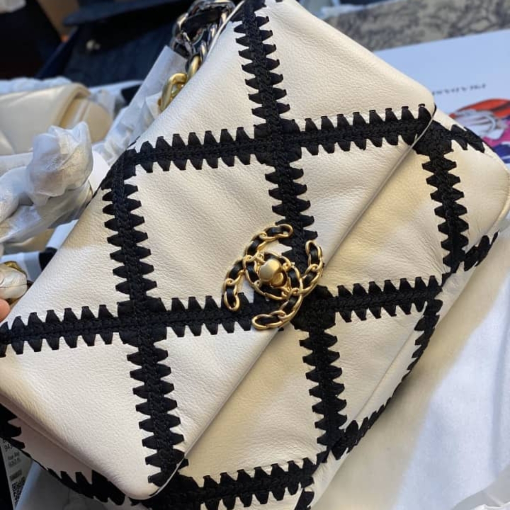 Chanel 19 Flap Bag Crochet Gold And Silver Tone White Black 24Cm AS1160 B04824 C0200
