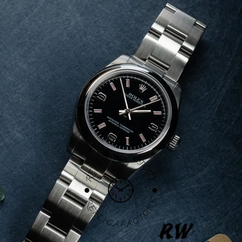 Rolex Oyster Perpetual 177200 Black Dial Pink Baton 31mm Lady Replica Watch