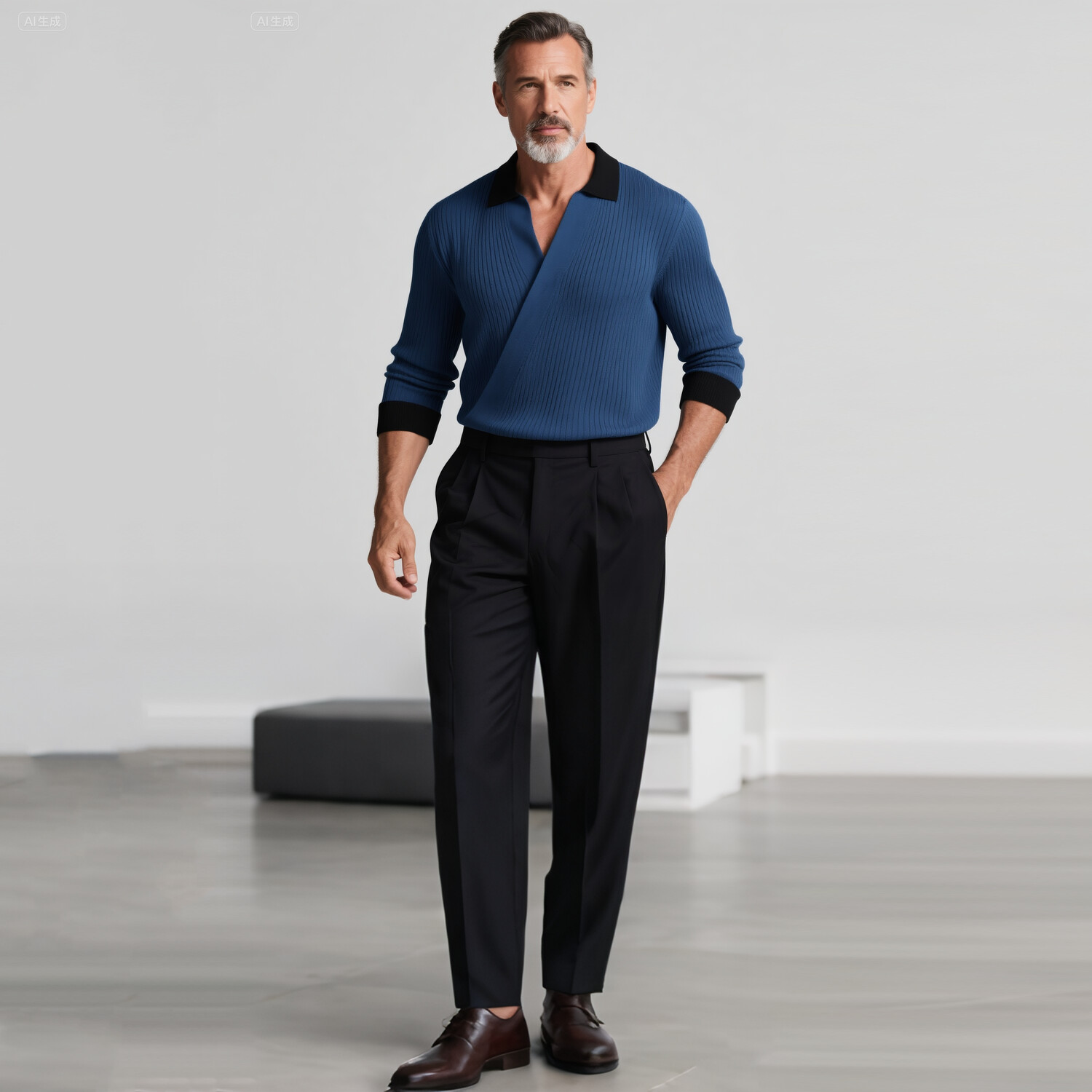 Men's Black Trim Turndown Collar Wrap Ribbed Knit Long Sleeve Top