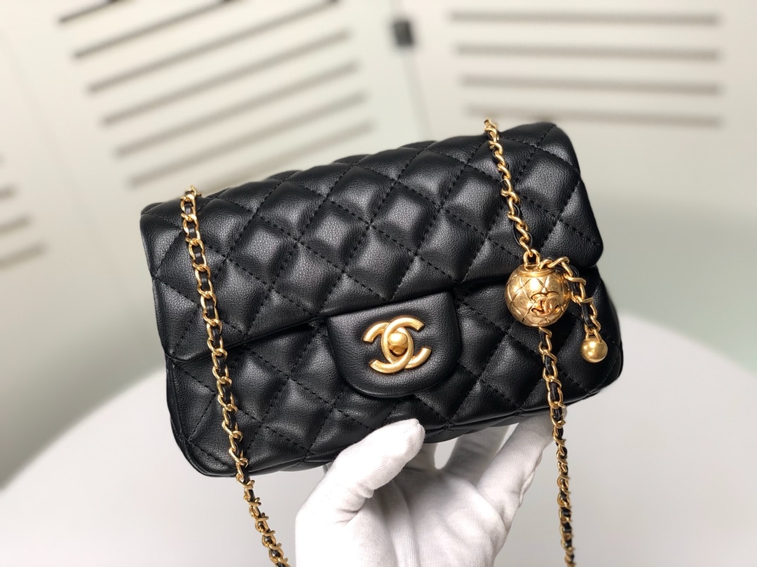 Chanel Flap Bag Mini Cc Rectangular Pearl Crush Gold Black 20Cm As1787 B18602 94305