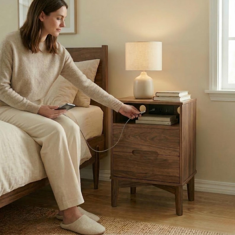 Walnut Nightstand with Charging Station