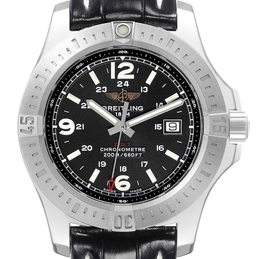 Breitling Colt Black Dial Leather Strap Steel Mens Watch A74388