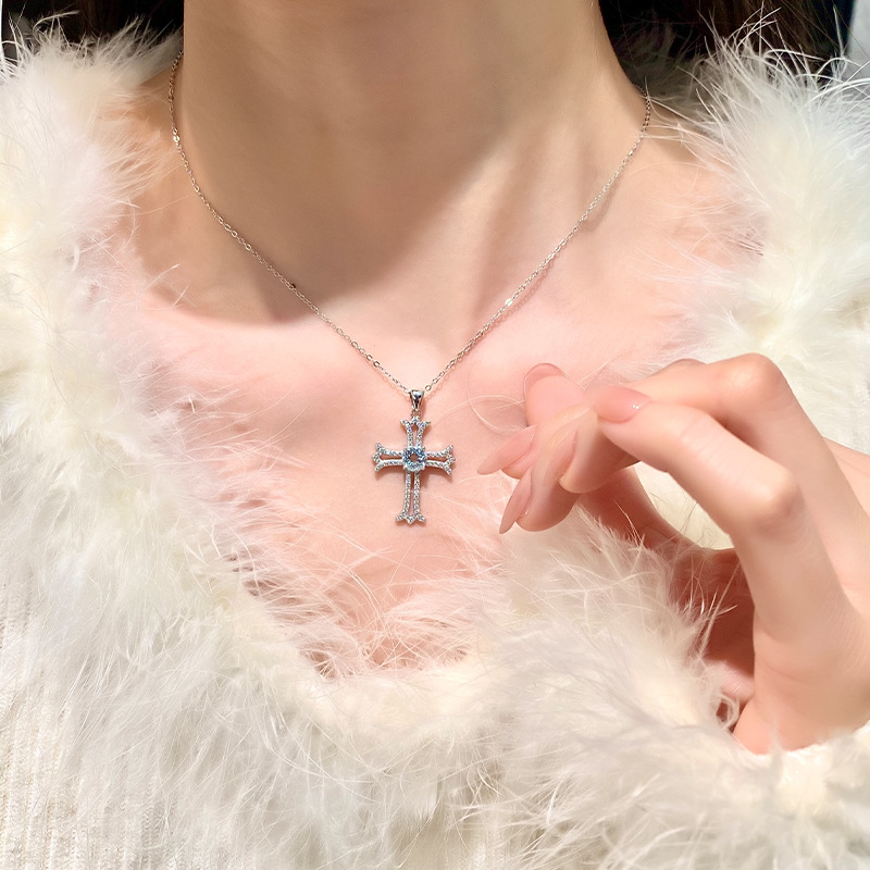 GemVibra Cross Pendant Necklace in 925 Silver with Gemstone Center