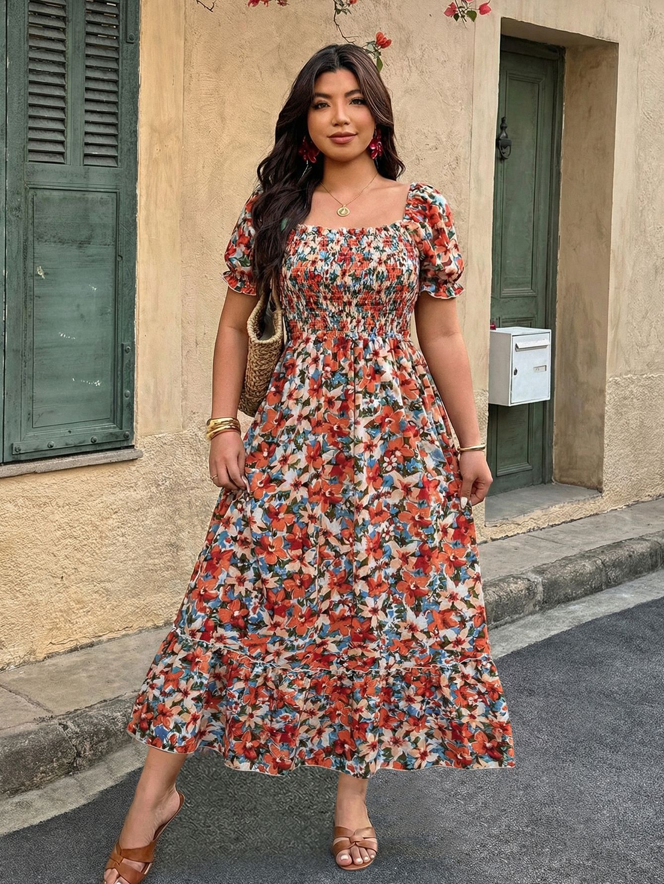 Plus Size Women Floral Square Neck Puff Sleeve Maxi Dress